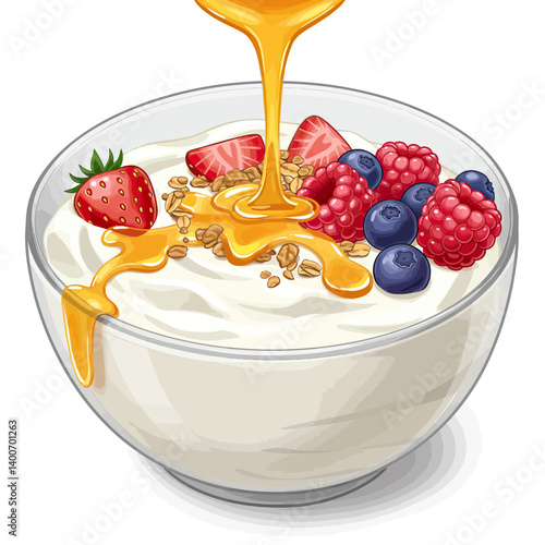 Yogurt Parfait with Honey and Berries: A delightful bowl of creamy yogurt topped with fresh strawberries, raspberries, blueberries, granola, and a drizzle of honey.