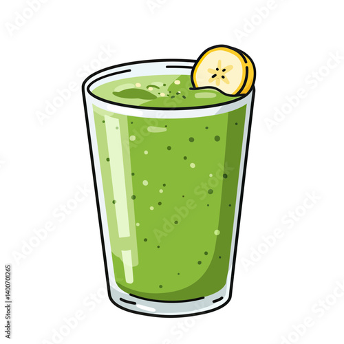 Green Smoothie Delight: Refreshing green smoothie in a glass, garnished with a banana slice. Perfect for a healthy lifestyle.