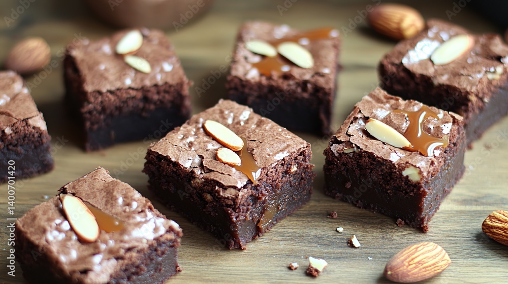 Rich and fudgy brownies with slivers of almond and a drizzle of caramel sauce