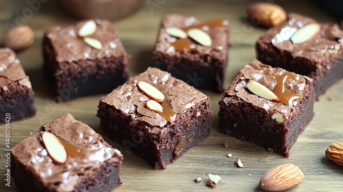Obraz na płótnie Rich and fudgy brownies with slivers of almond and a drizzle of caramel sauce w salonie
