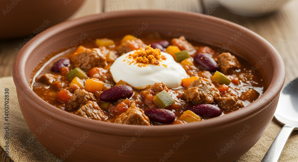 Delicious Low Carb Chili Bowl Topped with Sour Cream on Wooden Table Delicious Low Carb Chili Bowl Topped with Sour Cream on Wooden Table