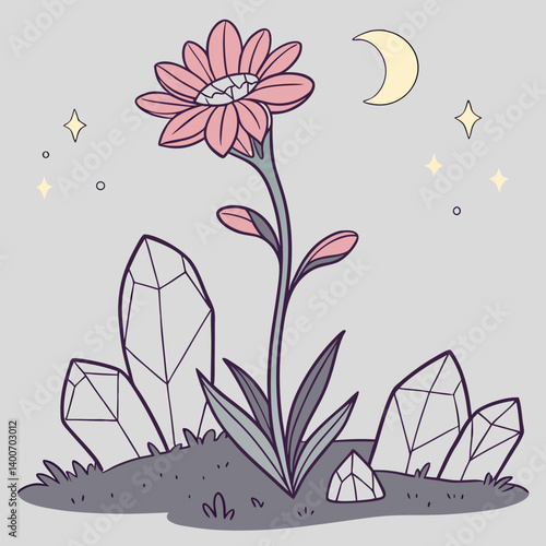 Magical flower emoji growing from crystal rocks