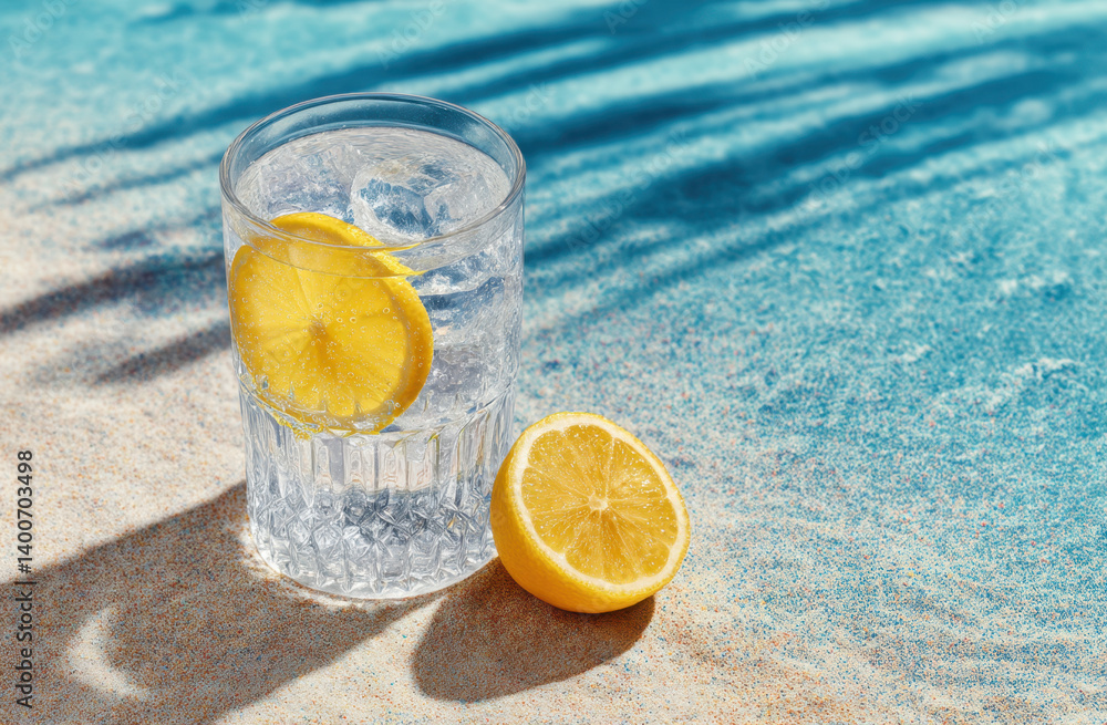 A clear glass of lemon water sits on sun-soaked sand, accompanied by fresh lemon slices, casting shadows from nearby palm trees.