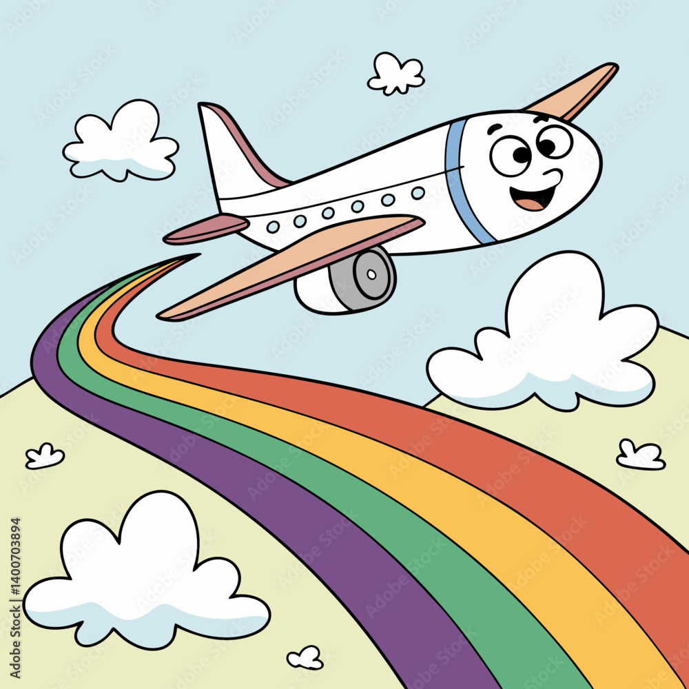 Naklejka premium Friendly airplane emoji landing on a rainbow runway