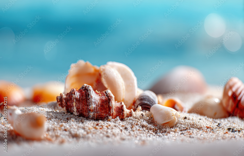 Seashells of different shapes and sizes lie on soft sand, illuminated by warm sunlight with ocean waves gently rolling in.