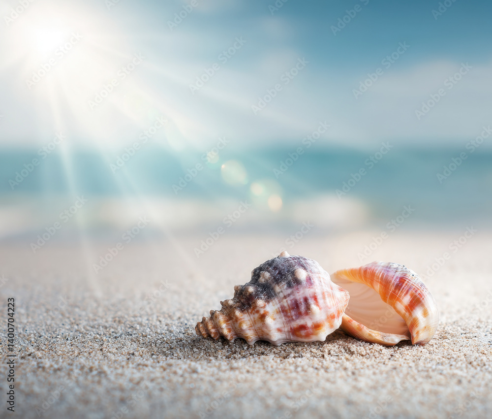 Two vibrant seashells lay on soft sand, illuminated by bright sunlight, with gentle ocean waves lapping nearby on a warm summer day.