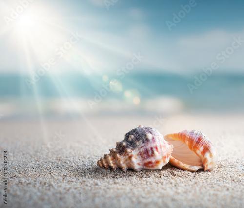 Obraz na płótnie Two vibrant seashells lay on soft sand, illuminated by bright sunlight, with gentle ocean waves lapping nearby on a warm summer day. w salonie