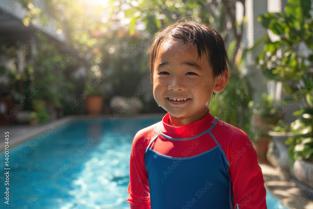 A joyful child wearing vibrant swimwear stands near a sparkling pool in a lush garden, basking in the warm sunlight.