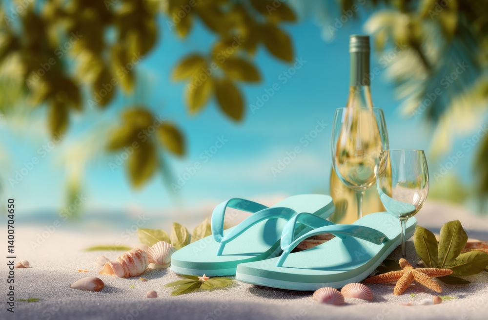 Soft pastel blue flip flops near a bottle of white wine and glasses surrounded by seashells on a sandy beach under sunlight.