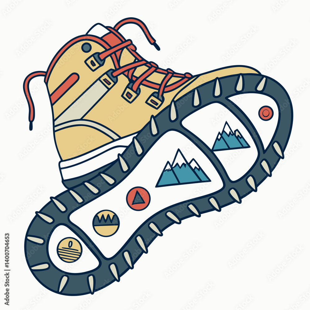 Naklejka premium Hiking boot emoji with small mountain icons as treads