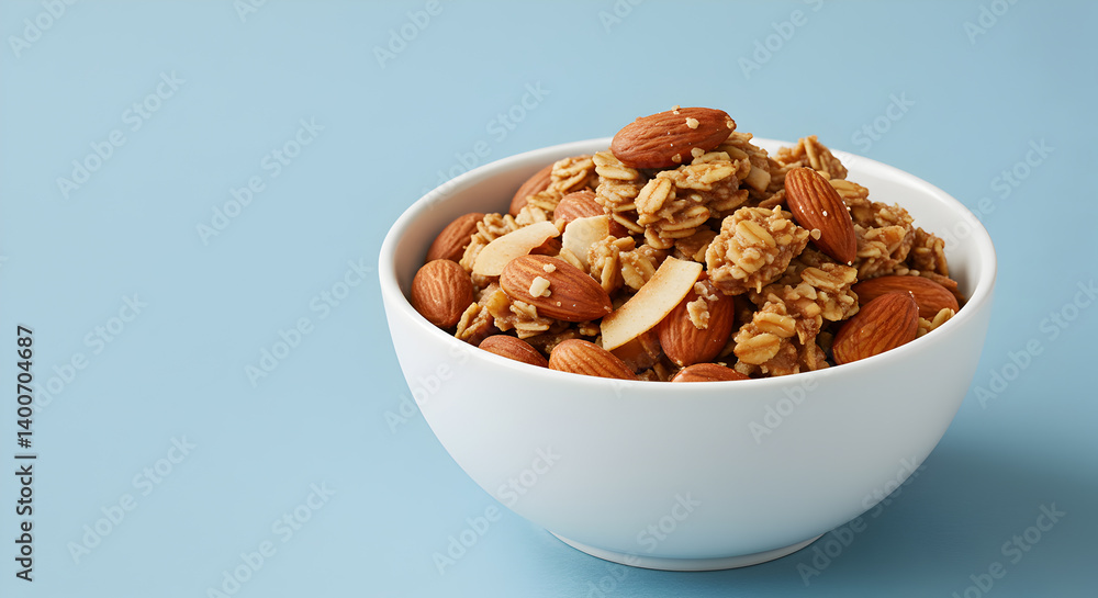 Cinnamon Almond Granola In A White Bowl For Healthy Lifestyle Morning Breakfast Cinnamon Almond Granola In A White Bowl For Healthy Lifestyle Morning Breakfast