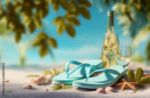 Obraz na płótnie Soft pastel blue flip flops near a bottle of white wine and glasses surrounded by seashells on a sandy beach under sunlight. w salonie