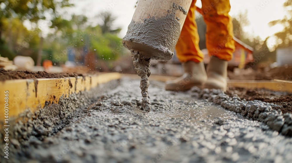Concrete worker pouring concrete into a foundation mold at a construction site. Featuring strength and precision