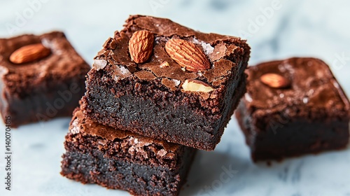 Obraz na płótnie Rich and fudgy brownies with slivers of almond and a drizzle of caramel sauce w salonie