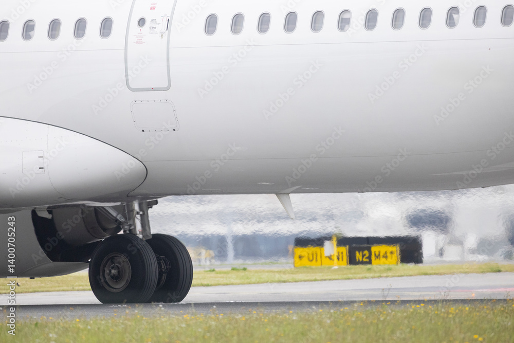 Airplane wheels turning on the runway during taxiing Airplane wheels turning on the runway during taxiing