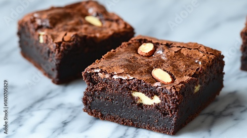 Obraz na płótnie Rich and fudgy brownies with slivers of almond and a drizzle of caramel sauce w salonie