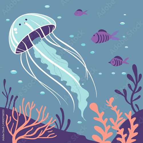 Jellyfish emoji glowing under water with tropical vibes