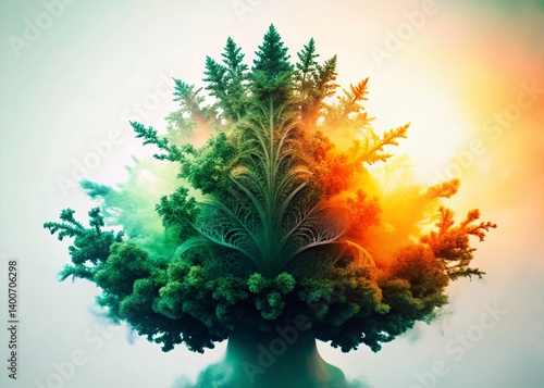 Abstract Green Orange Fractal Silhouette on White Background - Stock Photo