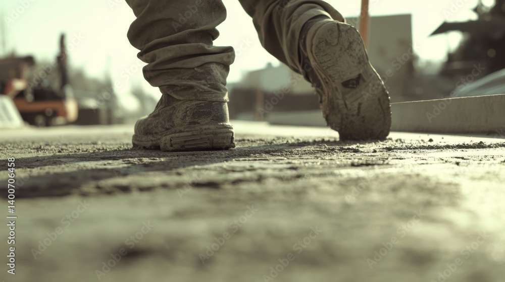 Concrete worker smoothing freshly poured sidewalk. Featuring focus and precision Concrete worker smoothing freshly poured sidewalk. Featuring focus and precision