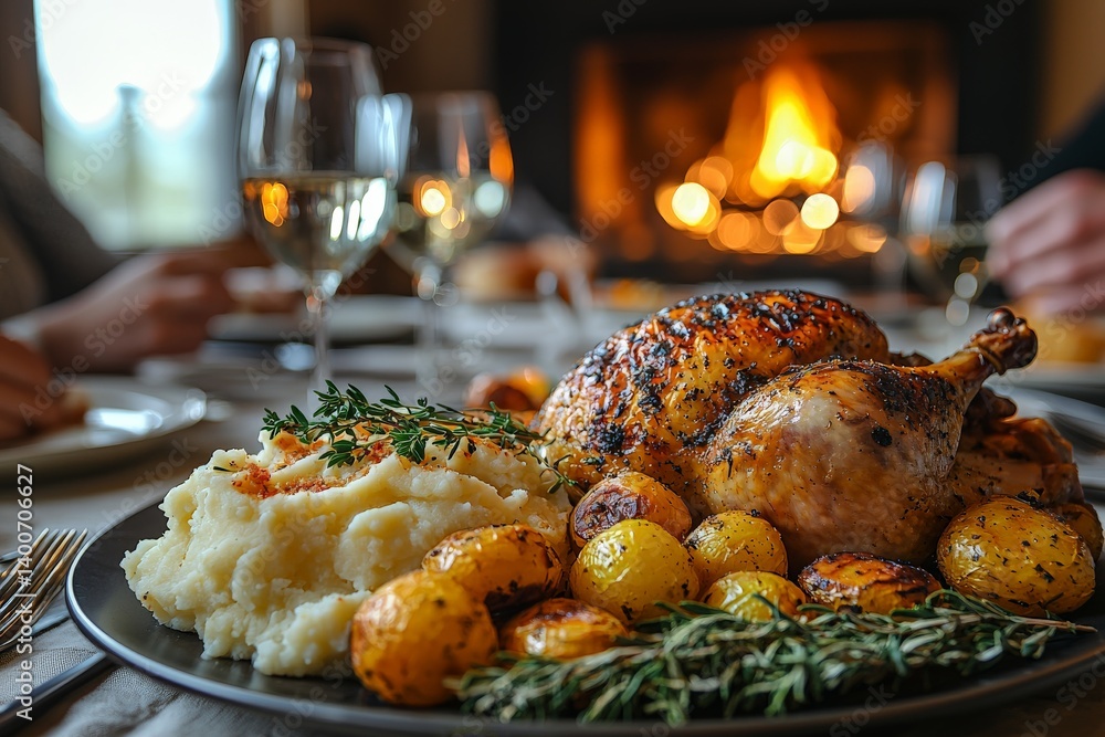 set dining table with a roasted chicken