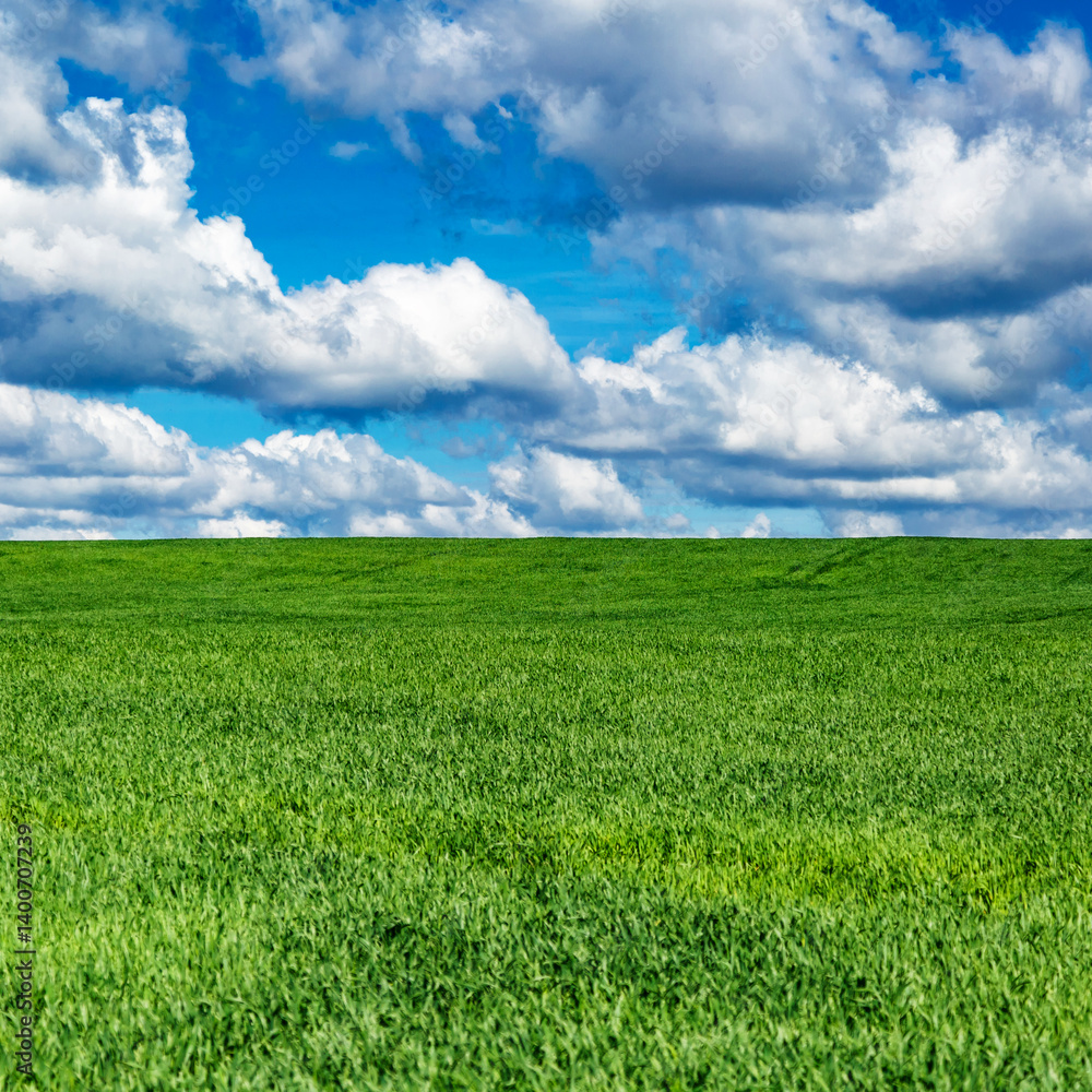 Field landscape with blue sky and green grass.Agricultural field on which grow cereals, summer time. Field landscape with blue sky and green grass.Agricultural field on which grow cereals, summer time.