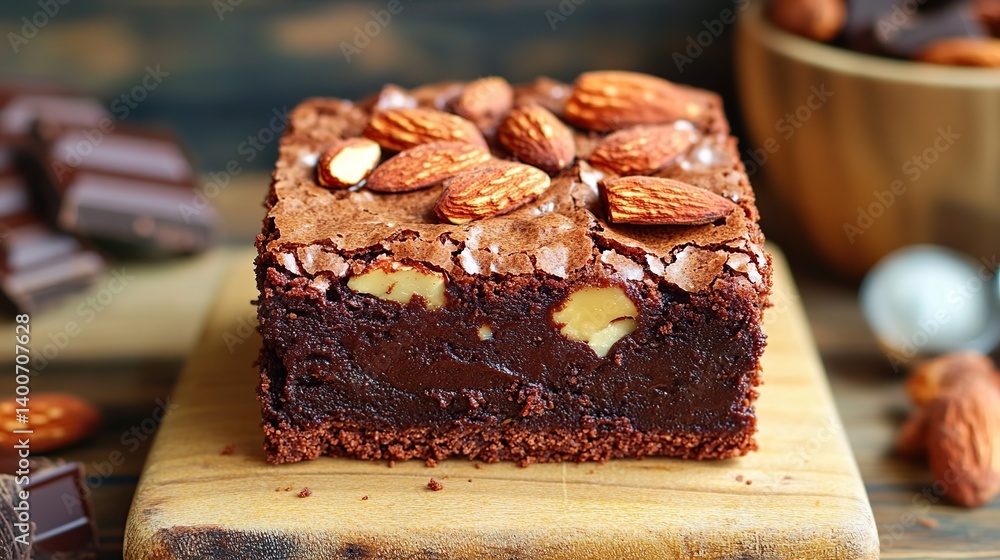 Rich and fudgy brownies with slivers of almond and a drizzle of caramel sauce
