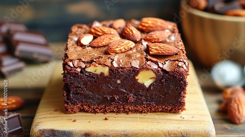 Rich and fudgy brownies with slivers of almond and a drizzle of caramel sauce 