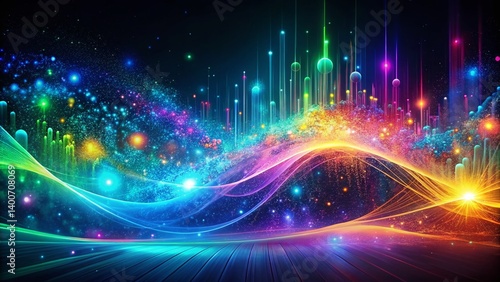 Abstract Glowing Particles & Waves: Vibrant Scientific Concept