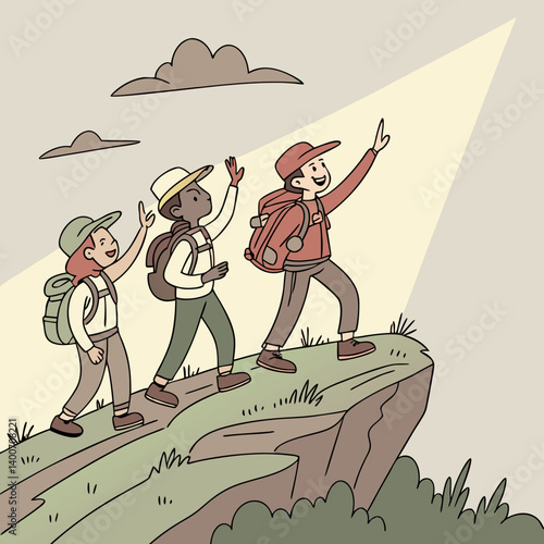 Group of hikers emoji waving from a ridge