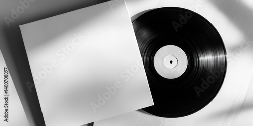 Obraz na płótnie Blank white record cover with a black vinyl record next to it, against a white background with shadows. w salonie