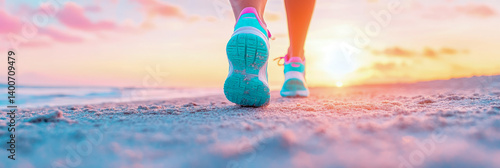 Active lifestyle: Woman's stride on sand at sunset