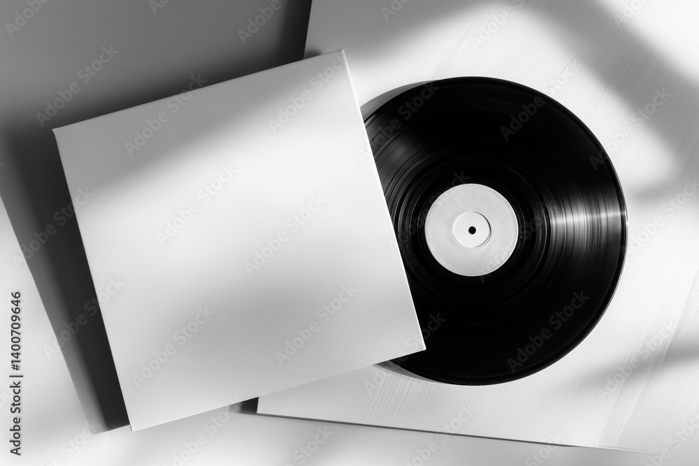 Blank white record cover with a black vinyl record next to it, against a white background with shadows.