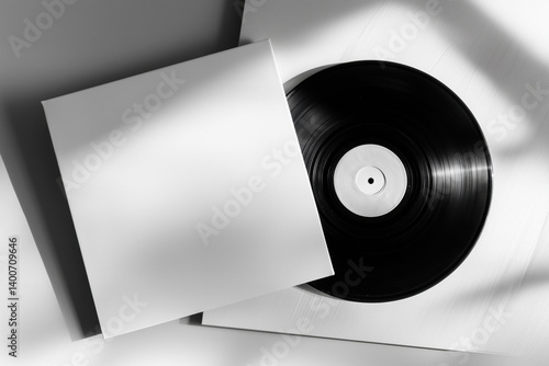 Obraz na płótnie Blank white record cover with a black vinyl record next to it, against a white background with shadows. w salonie
