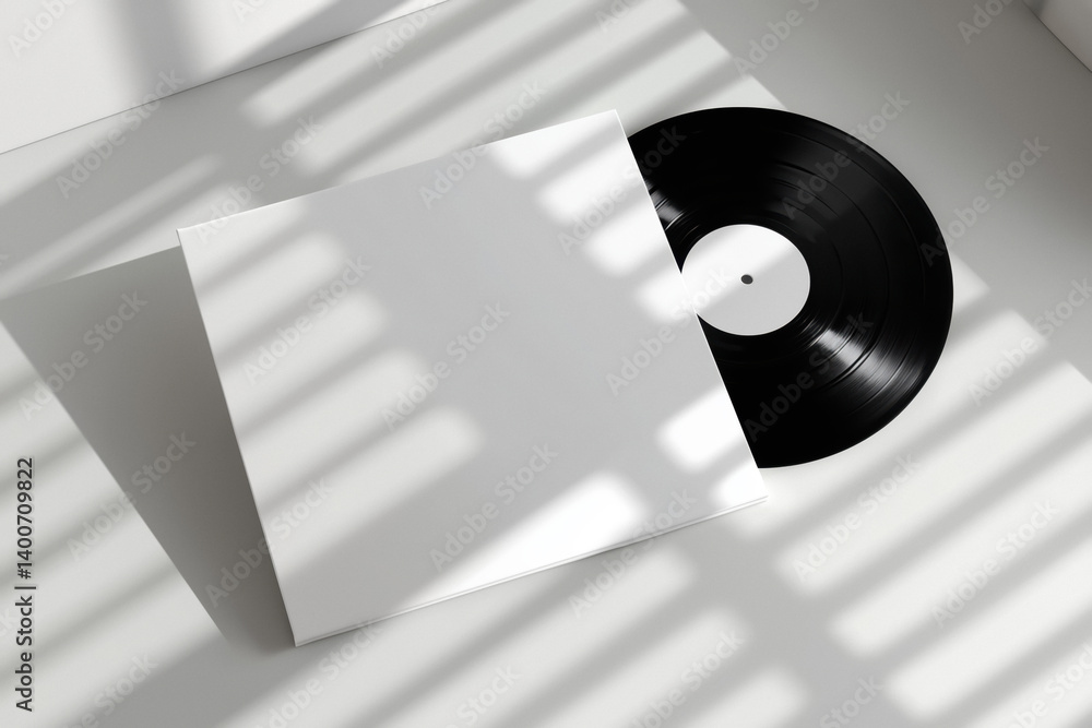Blank white record cover with a black vinyl record next to it, against a white background with shadows.