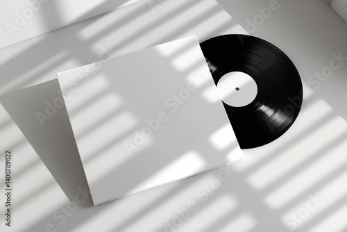 Obraz na płótnie Blank white record cover with a black vinyl record next to it, against a white background with shadows. w salonie
