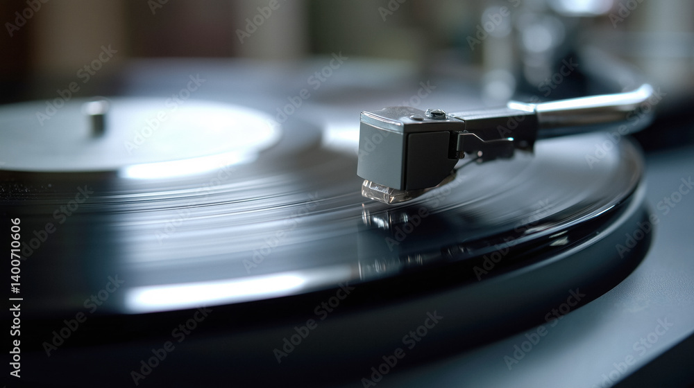 Macro shot of a vinyl record on a turntable, with the needle in close up and light reflections.