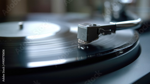 Obraz na płótnie Macro shot of a vinyl record on a turntable, with the needle in close up and light reflections. w salonie