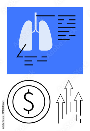 Lungs diagram with annotations, dollar sign within a circle, upward arrows representing growth. Ideal for healthcare budgets, medical research, investment growth, economy, fund allocation, financial