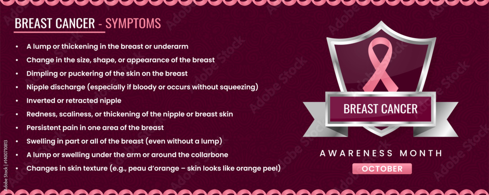 Original Breast Cancer ribbon with Symptoms, Shield Design with Pattern Based Background Original Breast Cancer ribbon with Symptoms, Shield Design with Pattern Based Background