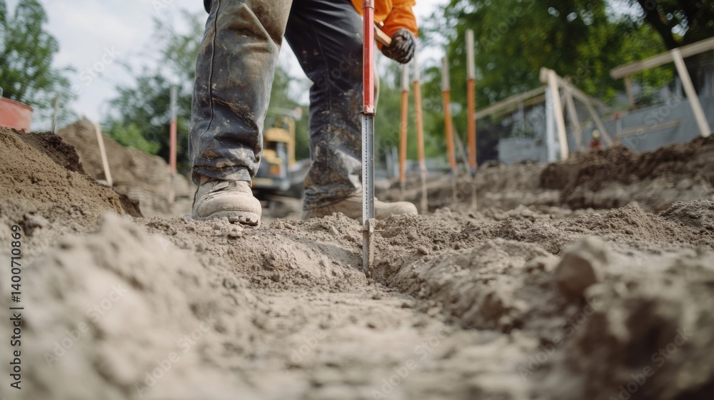 Construction worker leveling the ground for a foundation at a site. Featuring precision and attention to detail Construction worker leveling the ground for a foundation at a site. Featuring precision and attention to detail