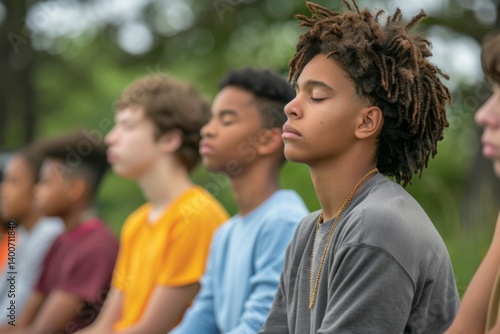 A group of teenagers practicing mindfulness meditation, demonstrating positive methods to manage stress and anxiety,