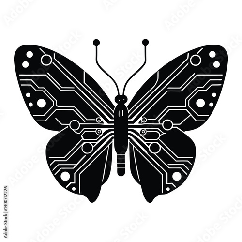 A silhouette of a butterfly with digital circuits on white background