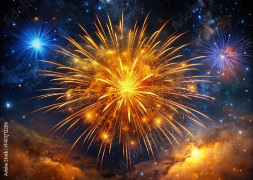 Abstract Cosmic Fireworks: Golden and Orange Explosion in Starry Night Sky