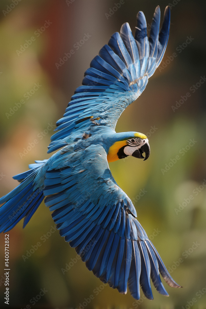Blue-and-yellow macaw in flight against a blurred background.