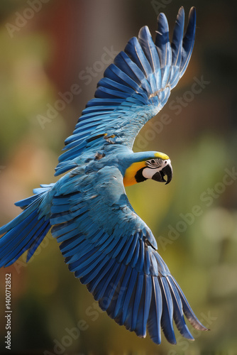 Obraz na płótnie Blue-and-yellow macaw in flight against a blurred background. w salonie