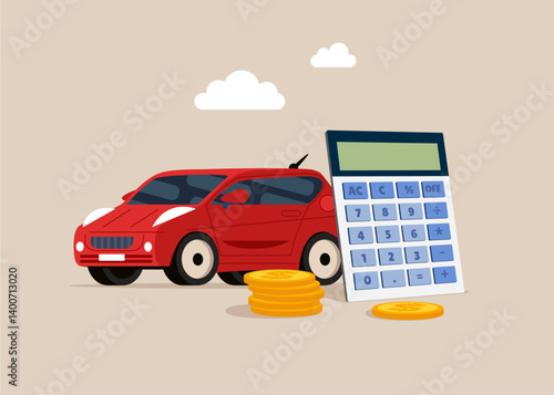Car with calculator. Car credit calculation. Car budget. Modern vector illustration in flat style