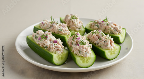 Delicious And Healthy Low Carb Cucumber Boats With Tuna Salad Appetizer