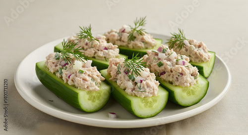 Appetizing Cucumber Boats Topped with Tuna Salad Delightful Culinary Presentation