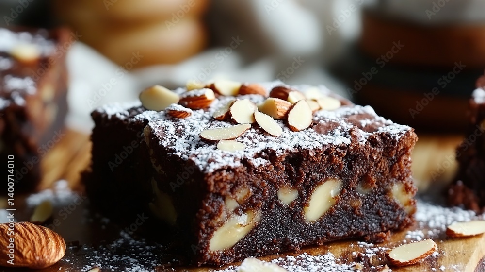 Homemade brownies with gooey fudge center, topped with crunchy almond flakes