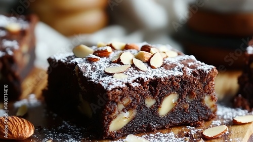 Obraz na płótnie Homemade brownies with gooey fudge center, topped with crunchy almond flakes w salonie